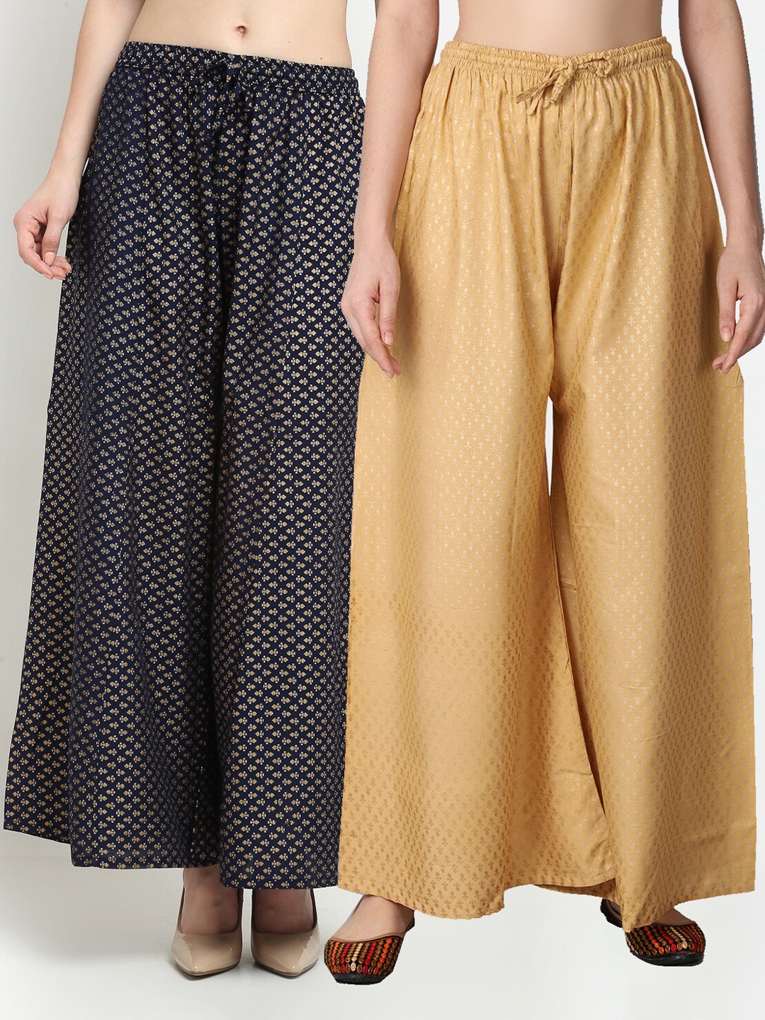 

GRACIT Women Beige & Navy Blue 2 Floral Printed Flared Knitted Ethnic Palazzos