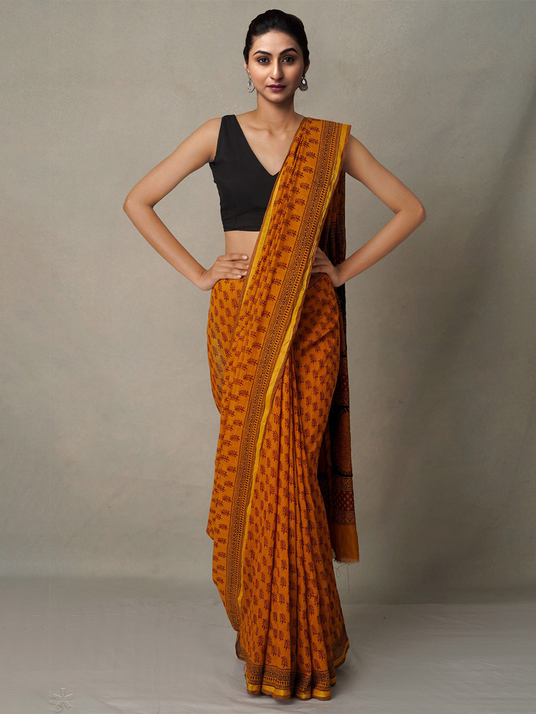 

Unnati Silks Orange & Black Bagh Zari Chanderi Saree