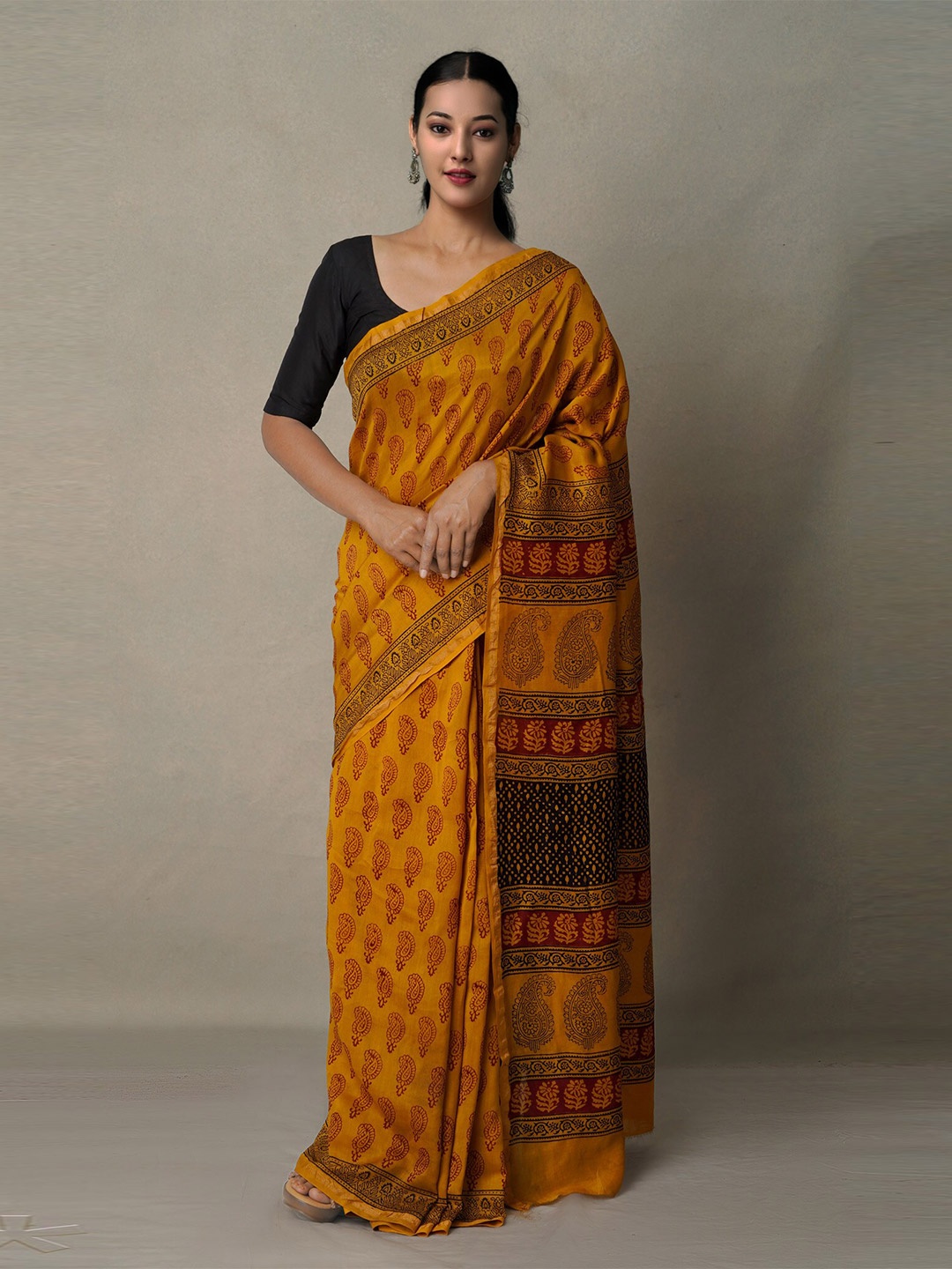 

Unnati Silks Mustard & Gold-Toned Bagh Pure Cotton Chanderi Saree