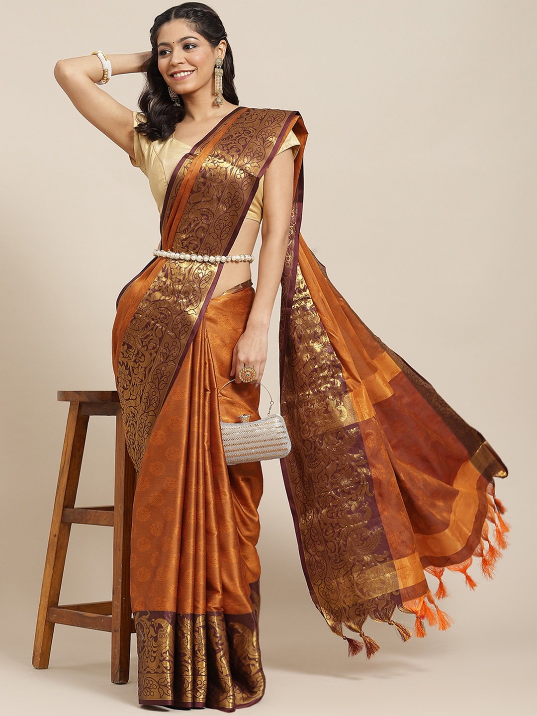 

Ishin Orange & Maroon Ethnic Motifs Zari Art Silk Mysore Silk Saree