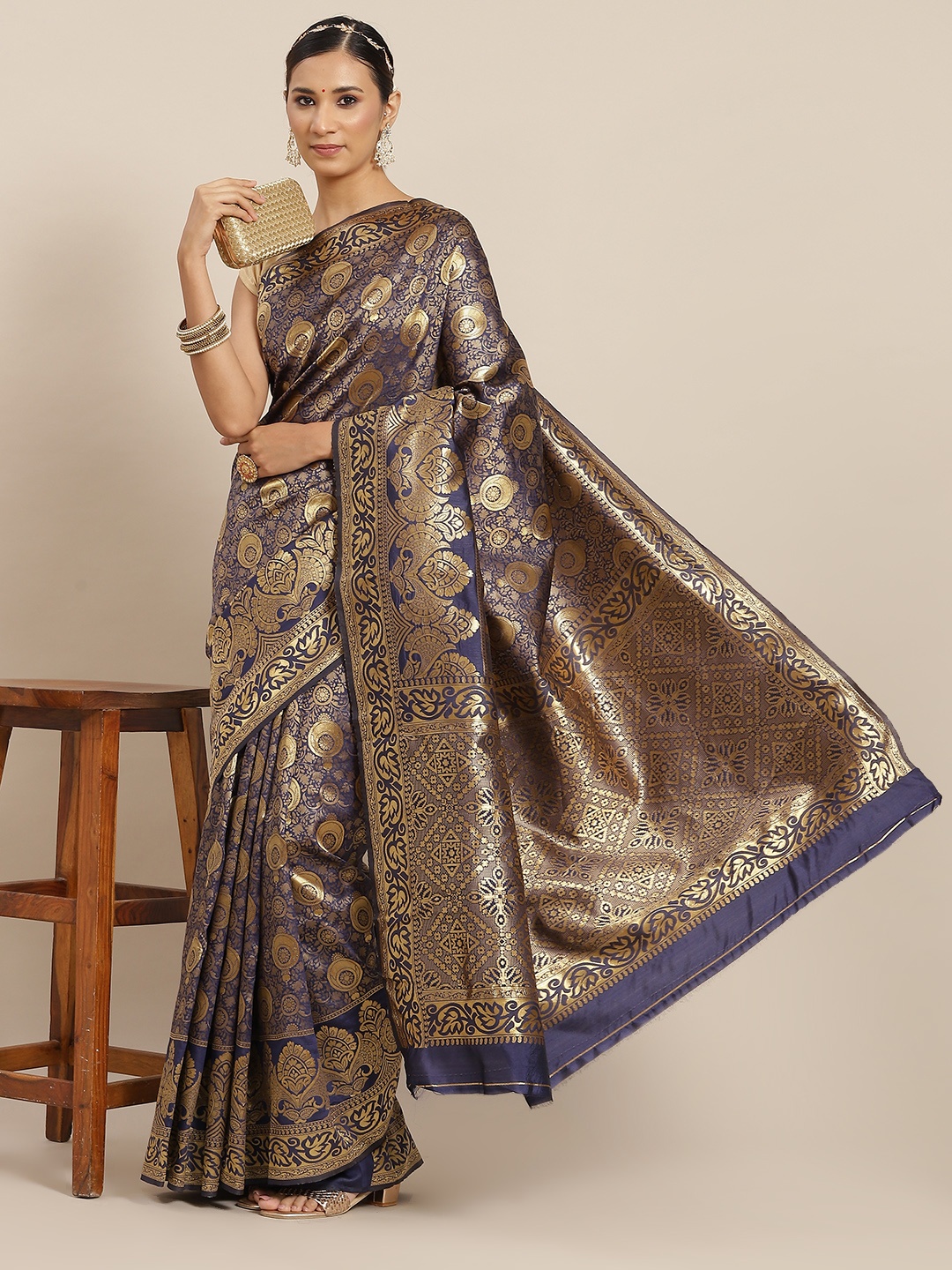

Ishin Navy Blue & Golden Woven Design Banarasi Saree