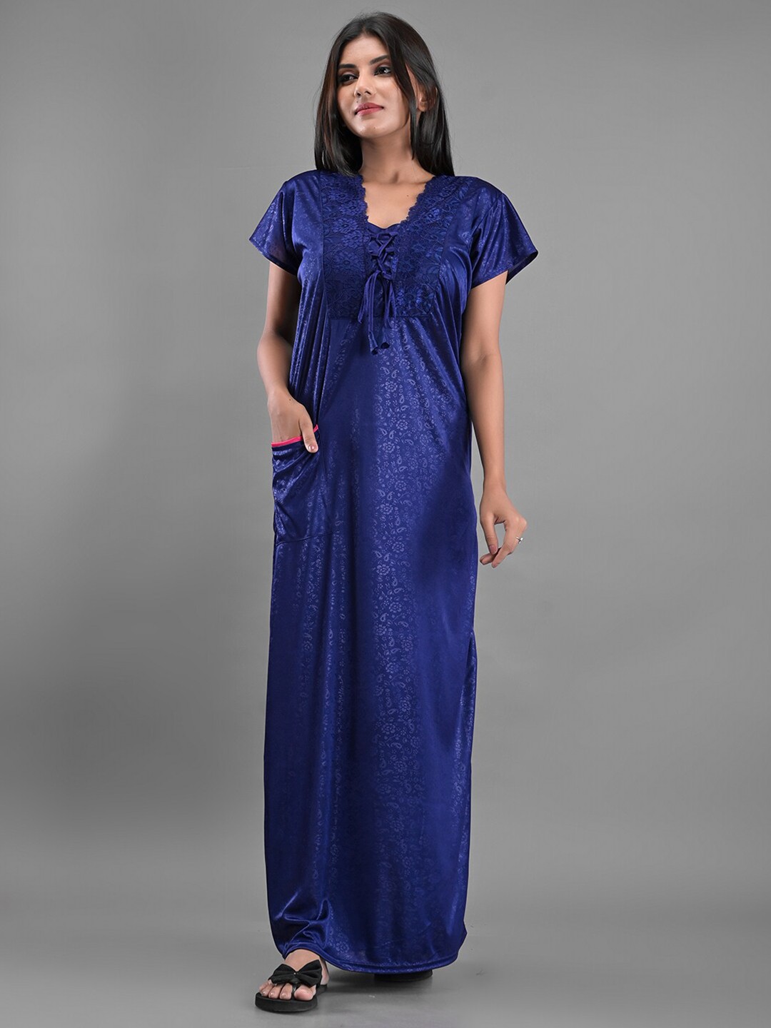 

Apratim Blue Printed Satin Maxi Nightdress