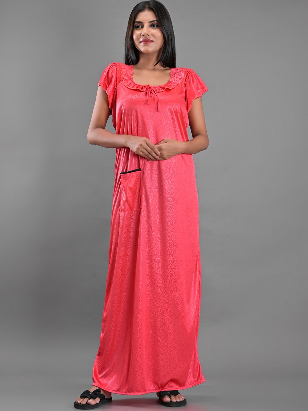 

Apratim Peach-Coloured Satin Printed Maxi Nightdress