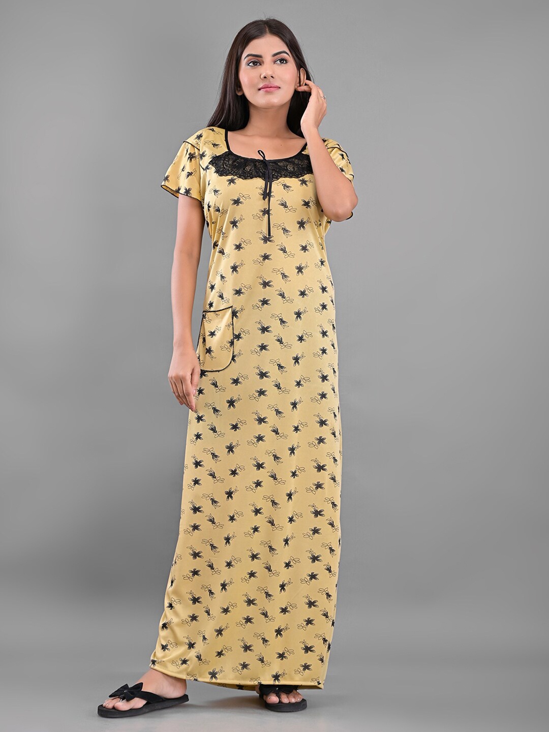 

Apratim Yellow Printed Satin Maxi Nightdress