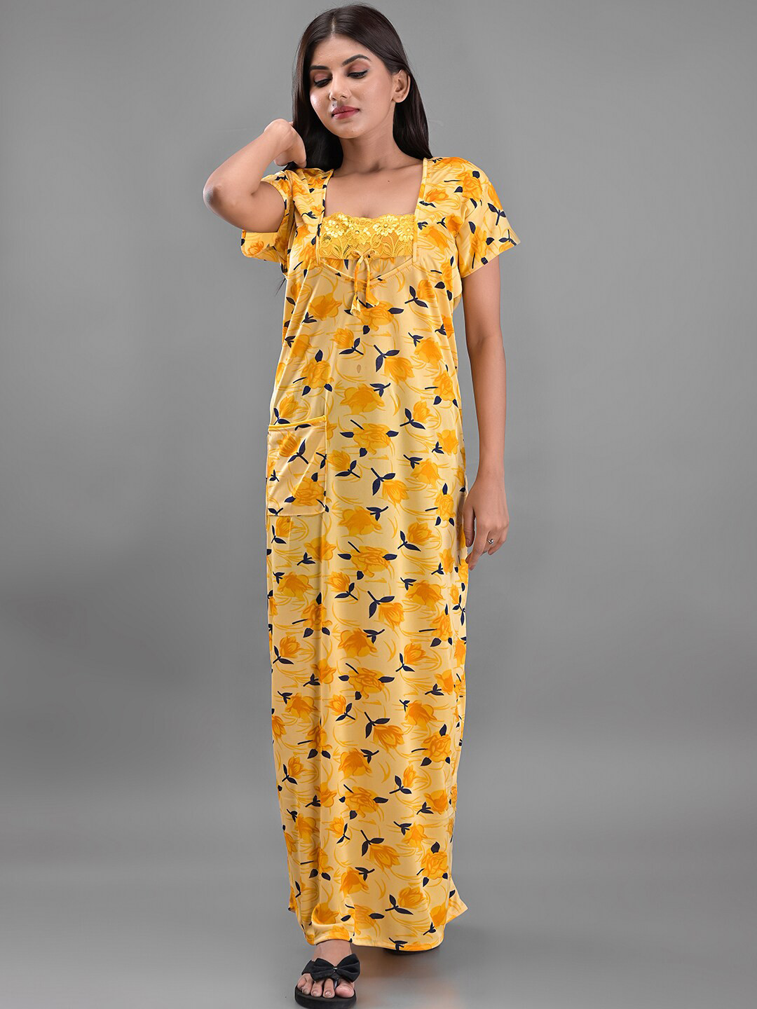 

Apratim Yellow Satin Printed Maxi Nightdress