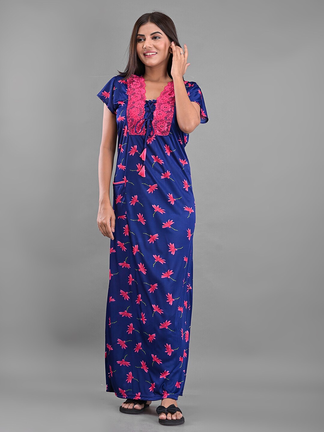 

Apratim Women Blue Printed Maxi Nightdress
