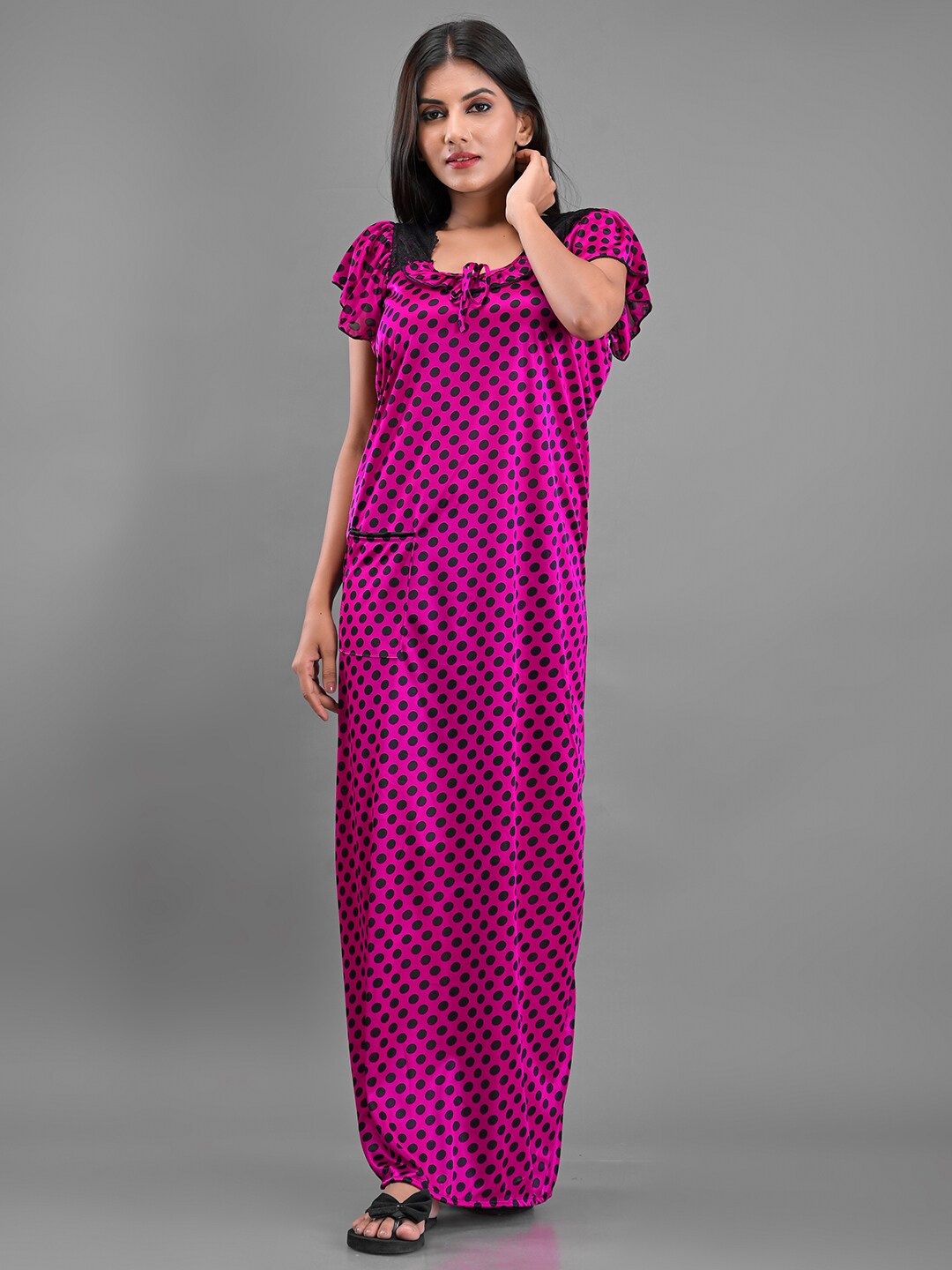 

Apratim Magenta Polka Dots Printed Satin Maxi Nightdress