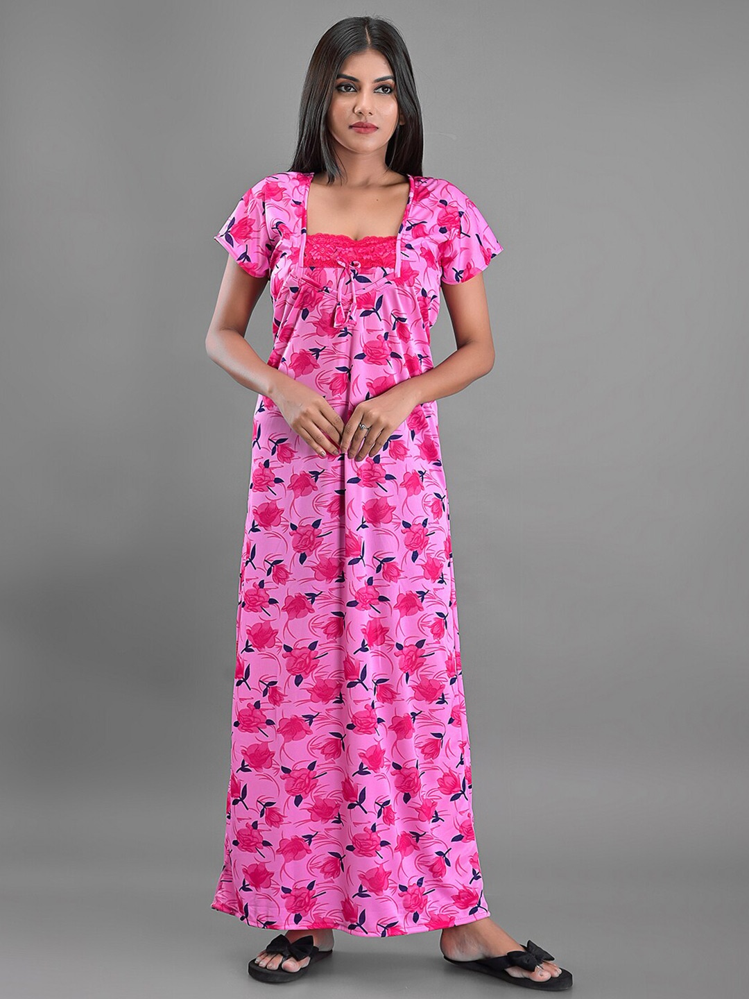 

Apratim Pink Printed Satin Maxi Nightdress