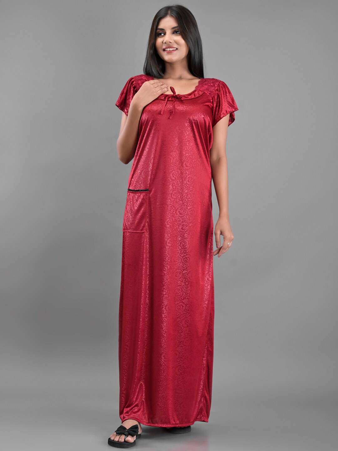 

Apratim Maroon Satin Printed Maxi Nightdress