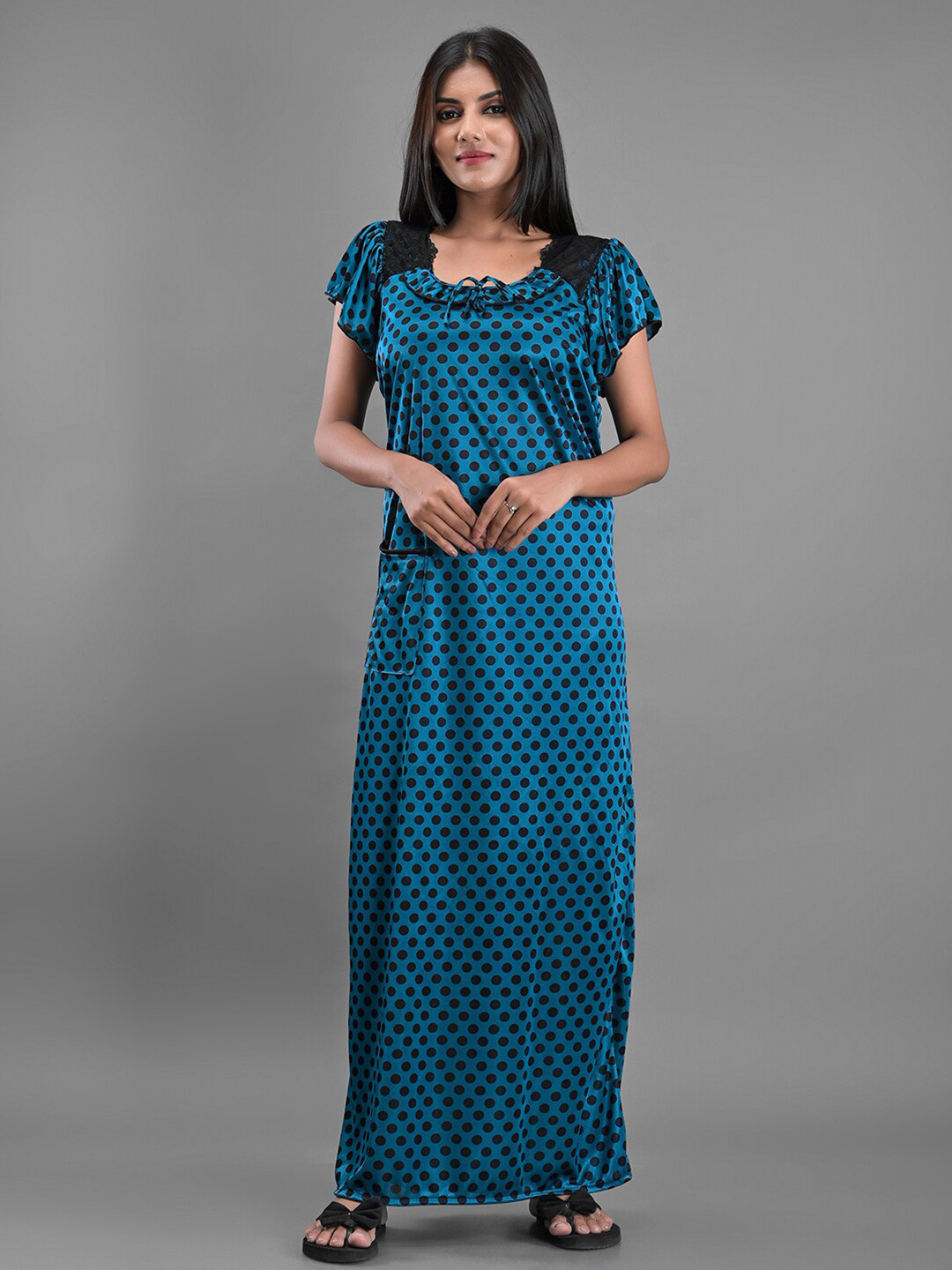 

Apratim Blue Satin Printed Maxi Nightdress