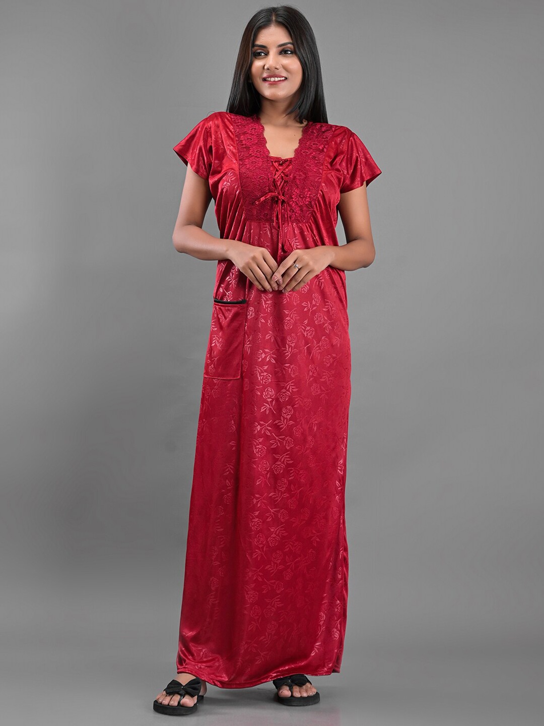

Apratim Maroon Satin Printed Maxi Nightdress