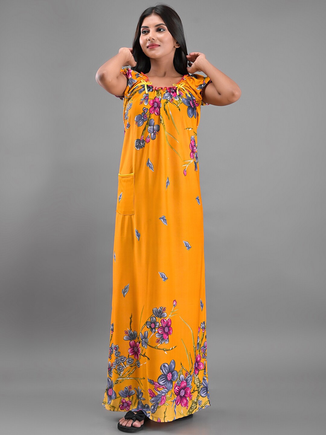 

Apratim Yellow Printed Maxi Nightdress