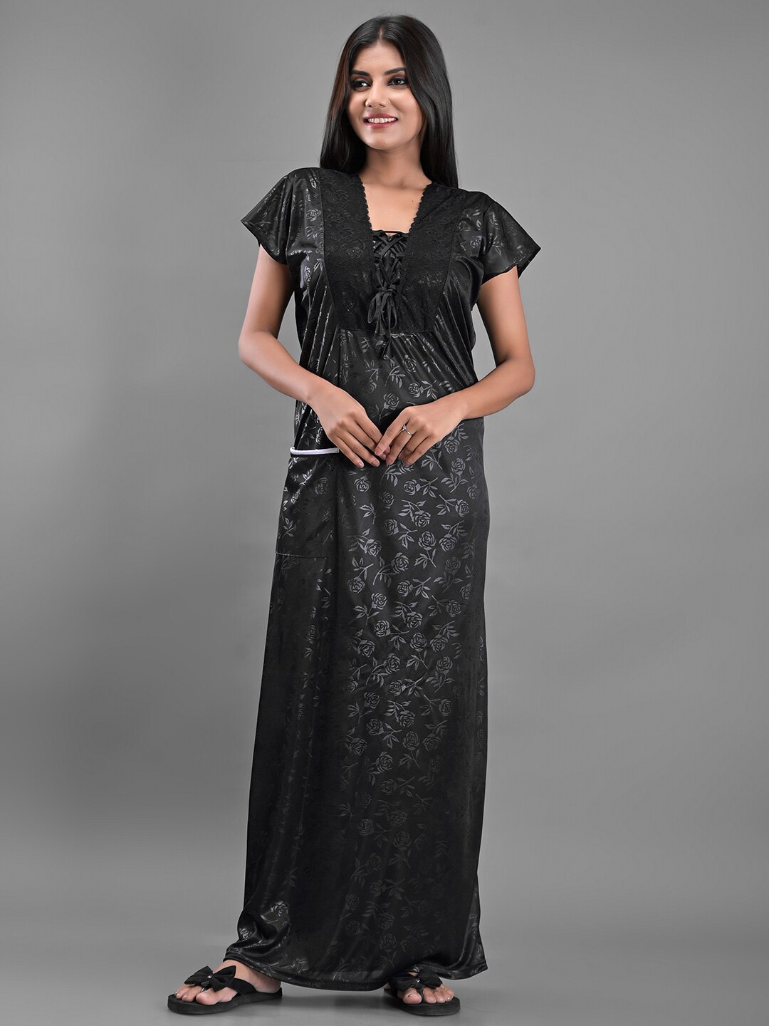 

Apratim Black Printed Maxi Nightdress