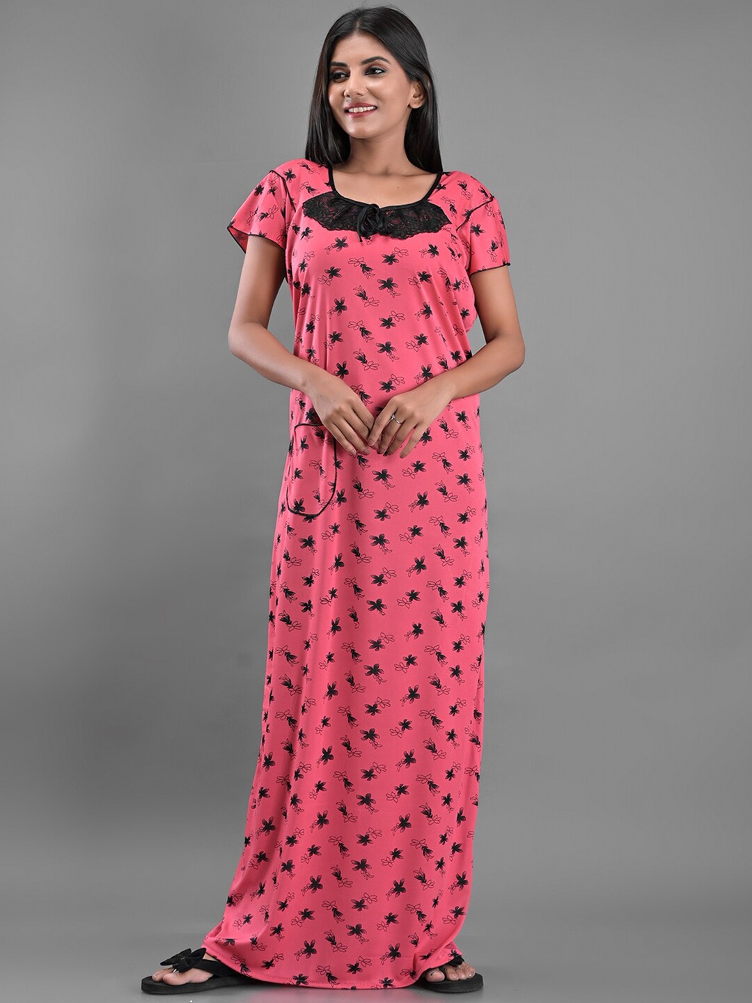 

Apratim Peach-Coloured Satin Printed Maxi Nightdress