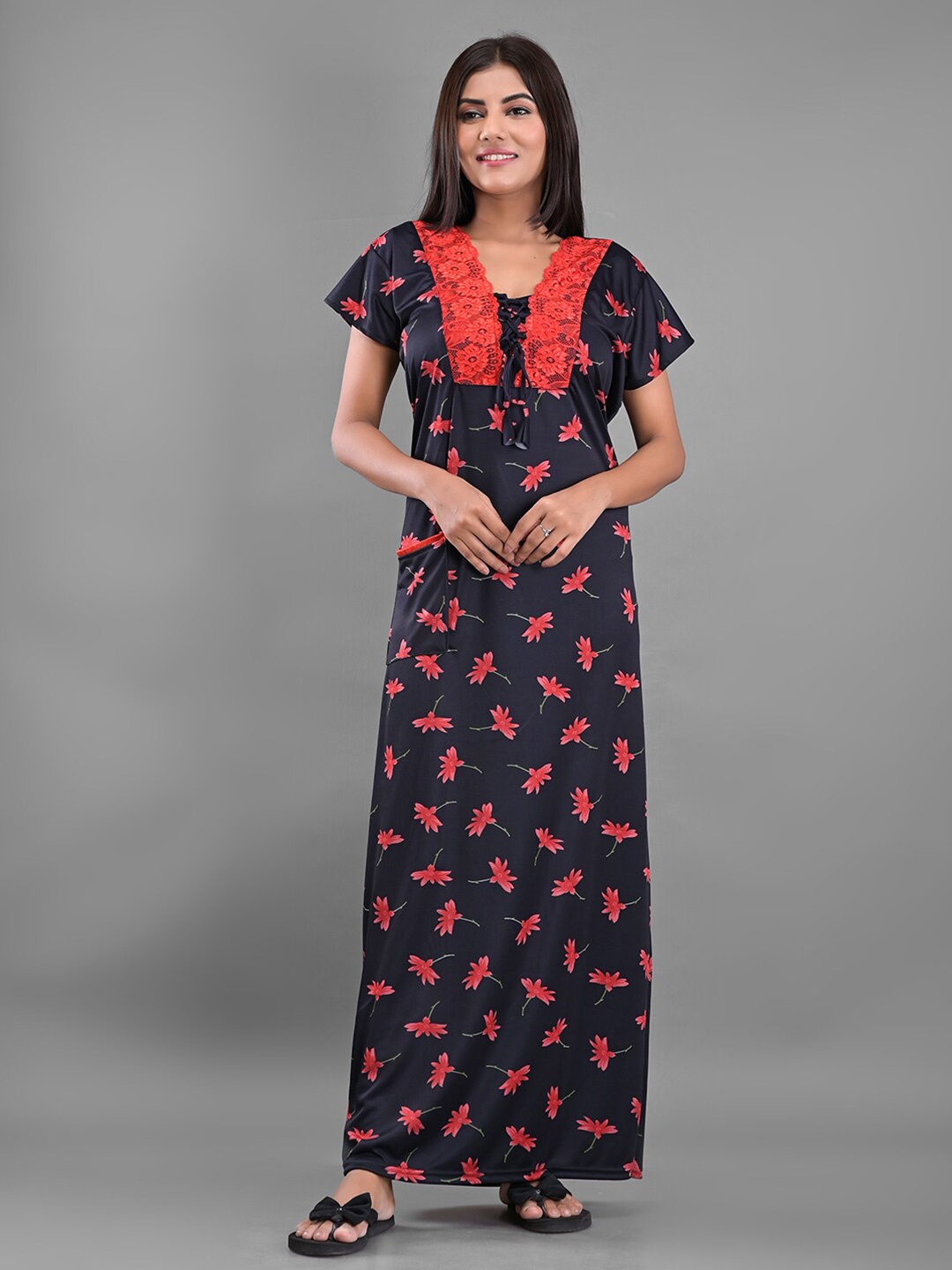 

Apratim Black Satin Printed Maxi Nightdress