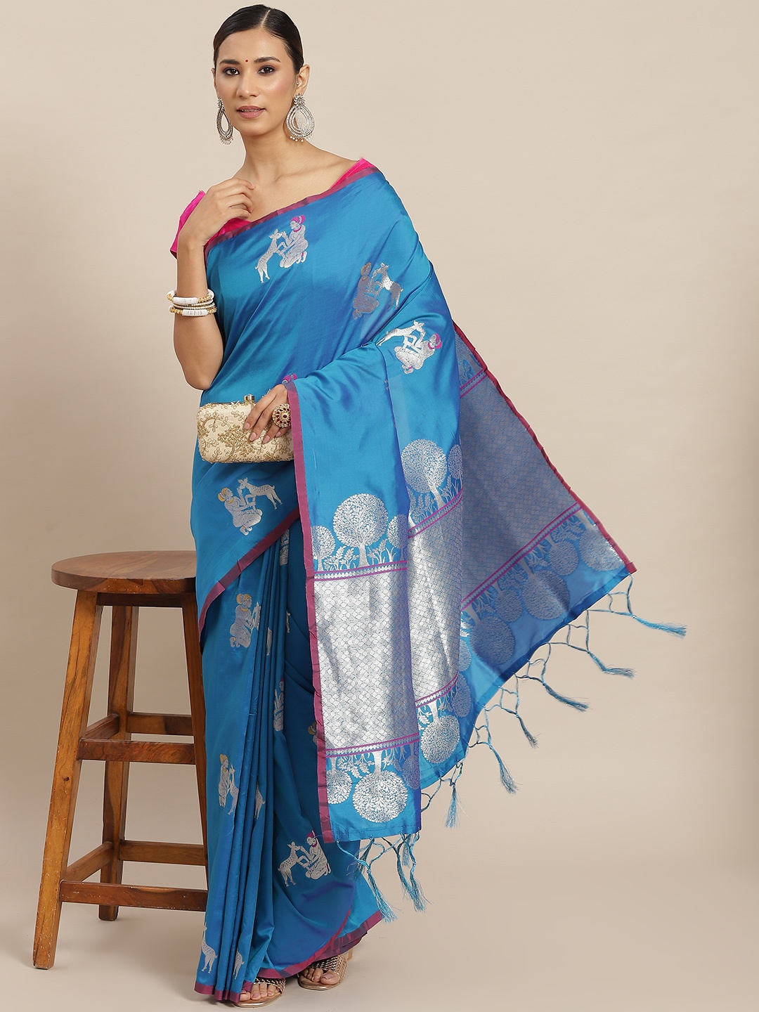 

Ishin Blue & Silver-Toned Ethnic Motifs Zari Brocade Baluchari Saree