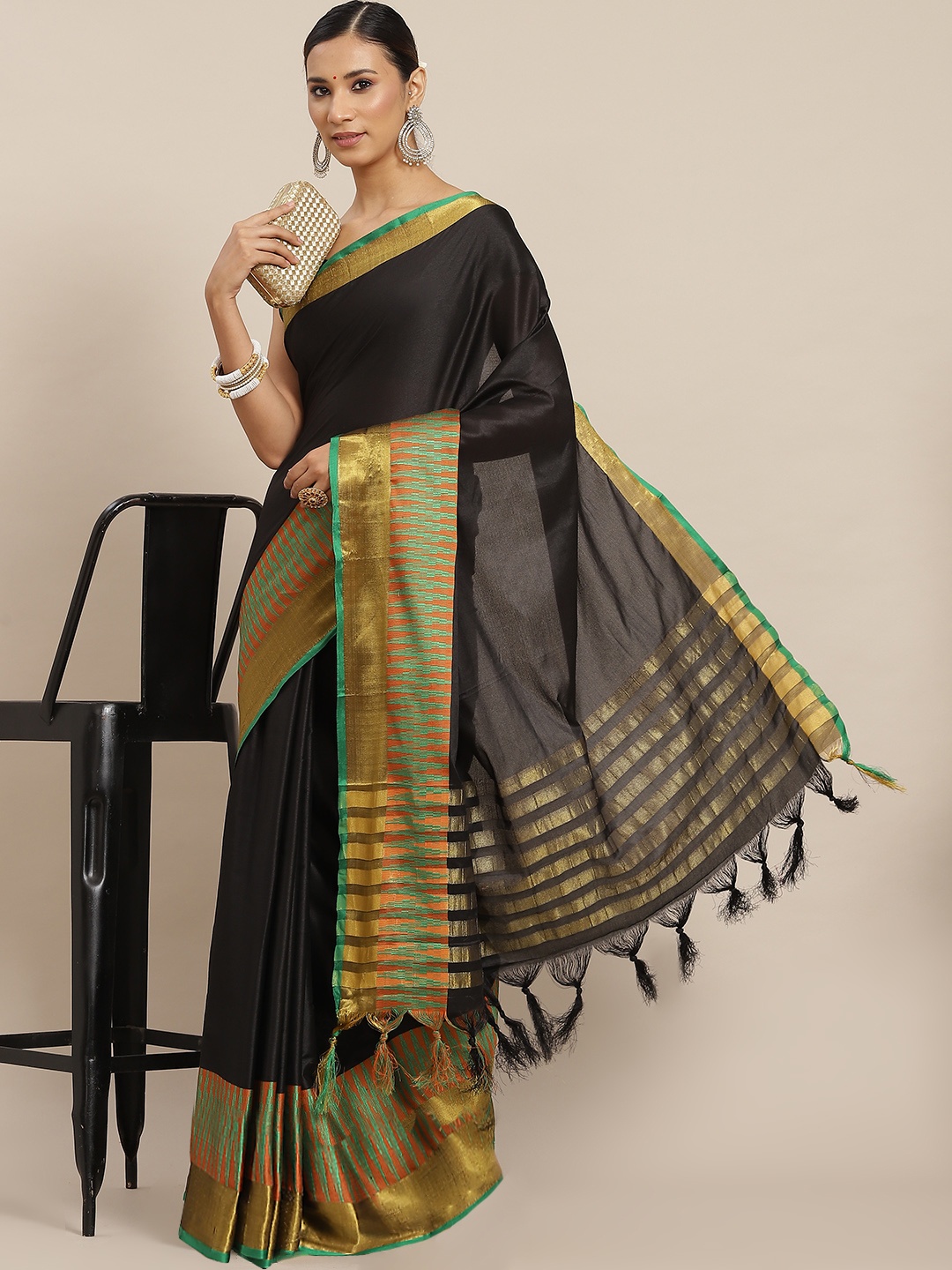 

Ishin Black & Gold-Toned Zari Mysore Silk Saree