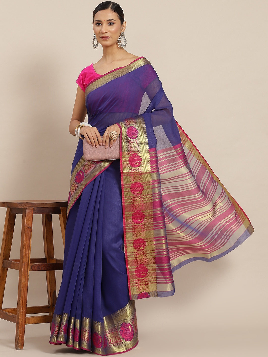 

Ishin Blue Solid Zari Saree