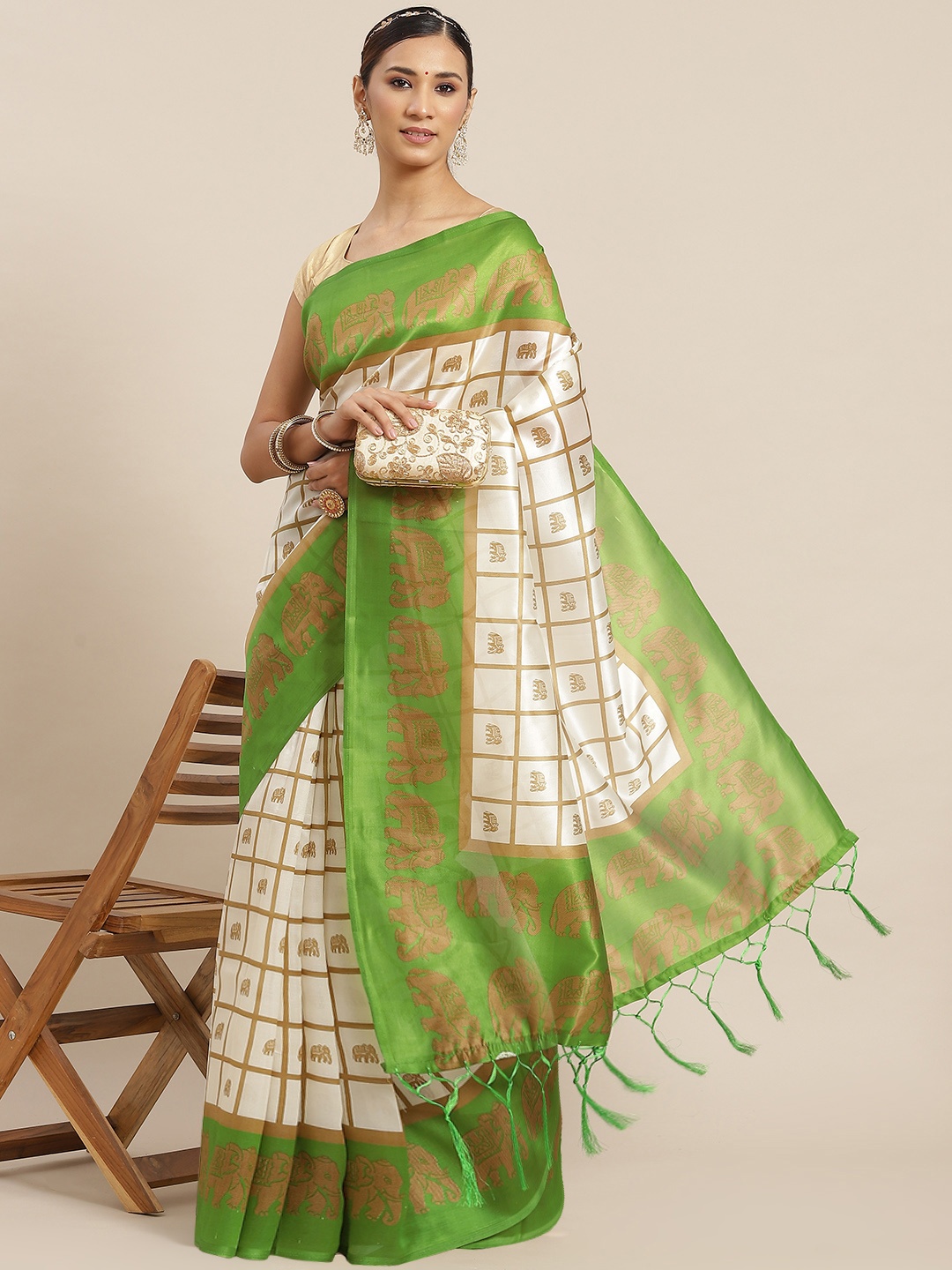 

Ishin Off White & Green Ethnic Motifs Art Silk Mysore Silk Saree