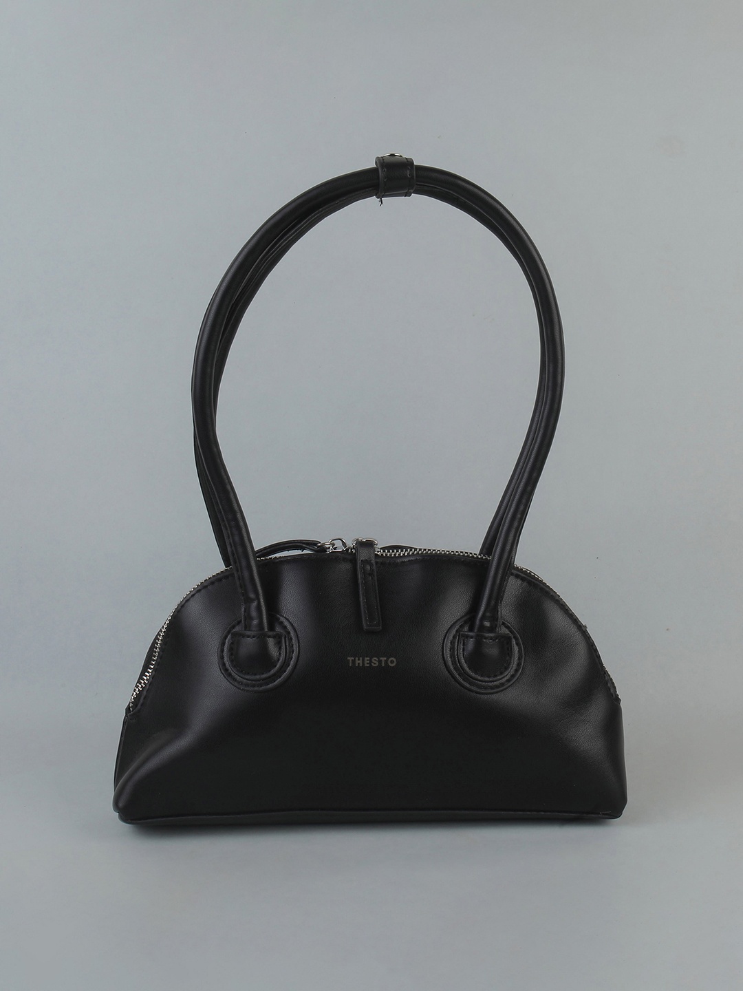 

THESTO Black PU Half Moon Handheld Bag with Tasselled