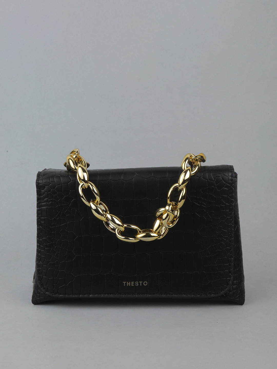 

THESTO Black Animal Embellished PU Structured Sling Bag