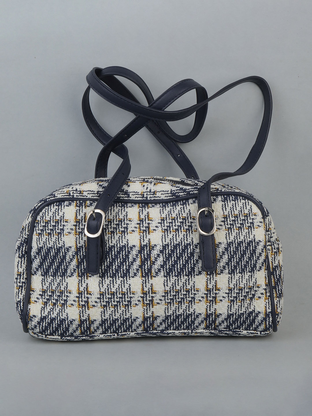 

THESTO Blue Checked PU Bucket Shoulder Bag with Tasselled, Off white
