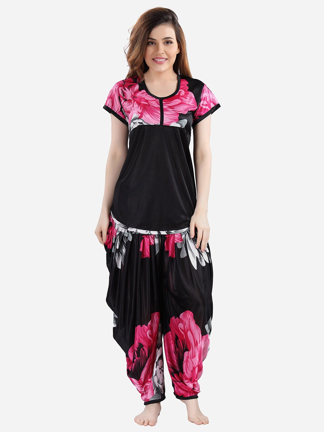 

Romaisa Women Pink & Black Printed Satin Night suit