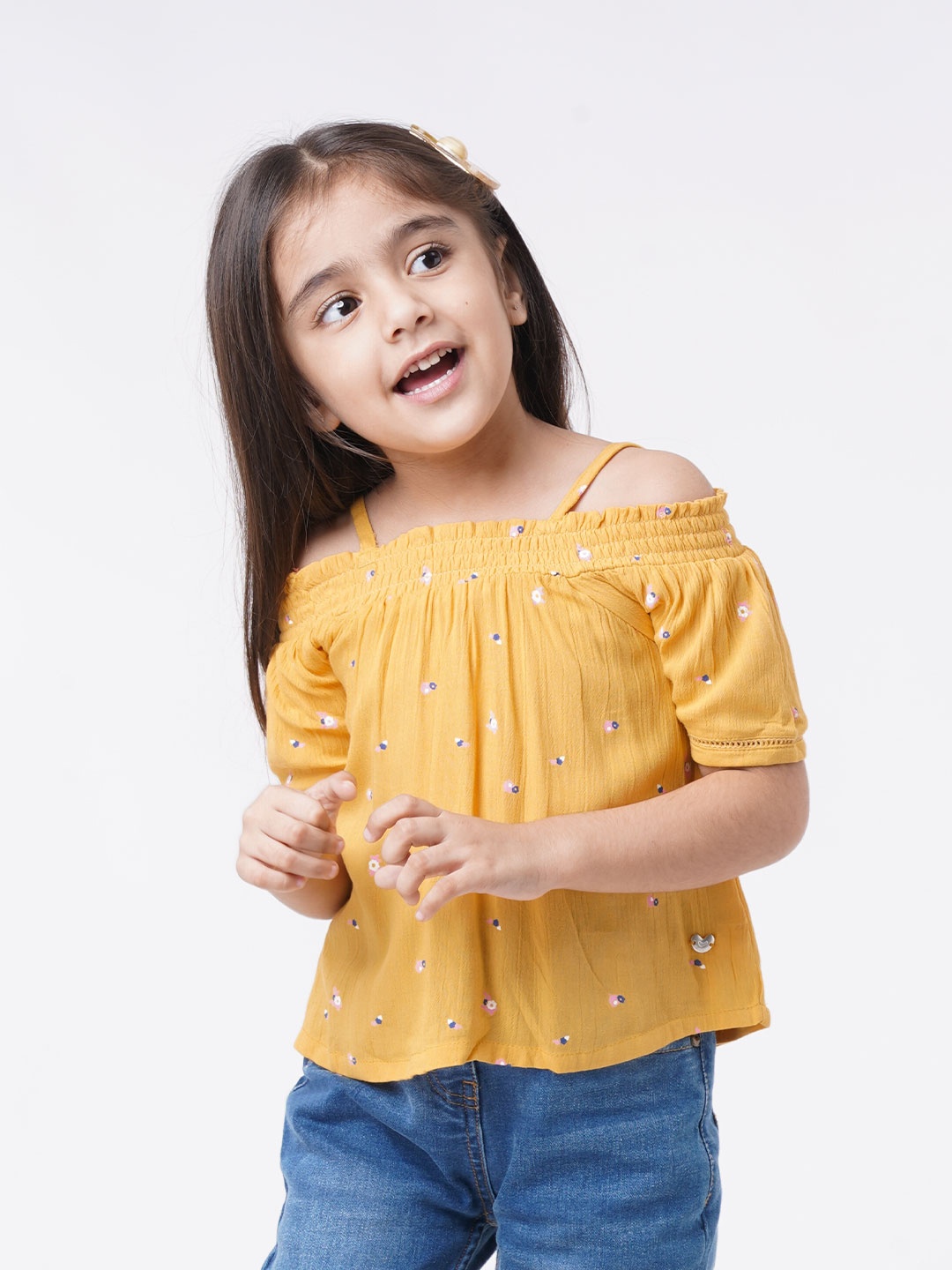 

Ed-a-Mamma Yellow & rattan Floral Print Bardot Top