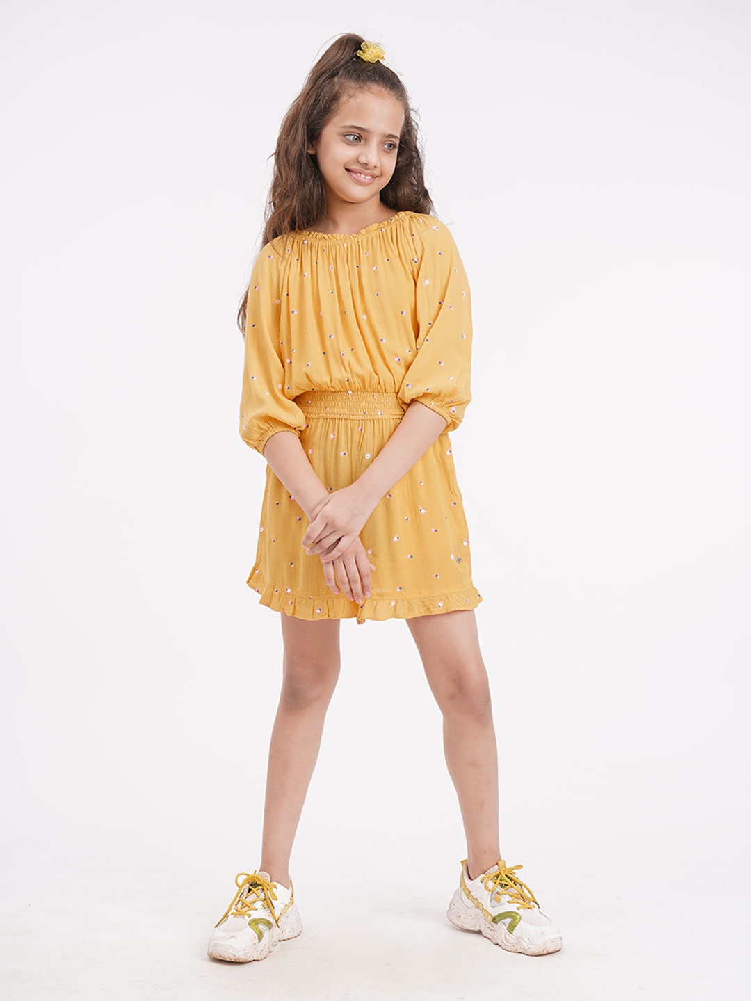 

Ed-a-Mamma Mustard Yellow & apricot cream Drop-Waist Dress