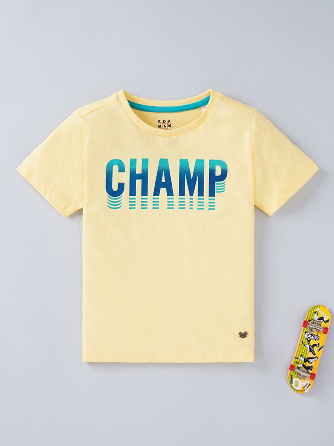 

Ed-a-Mamma Boys Yellow Typography Printed Applique T-shirt