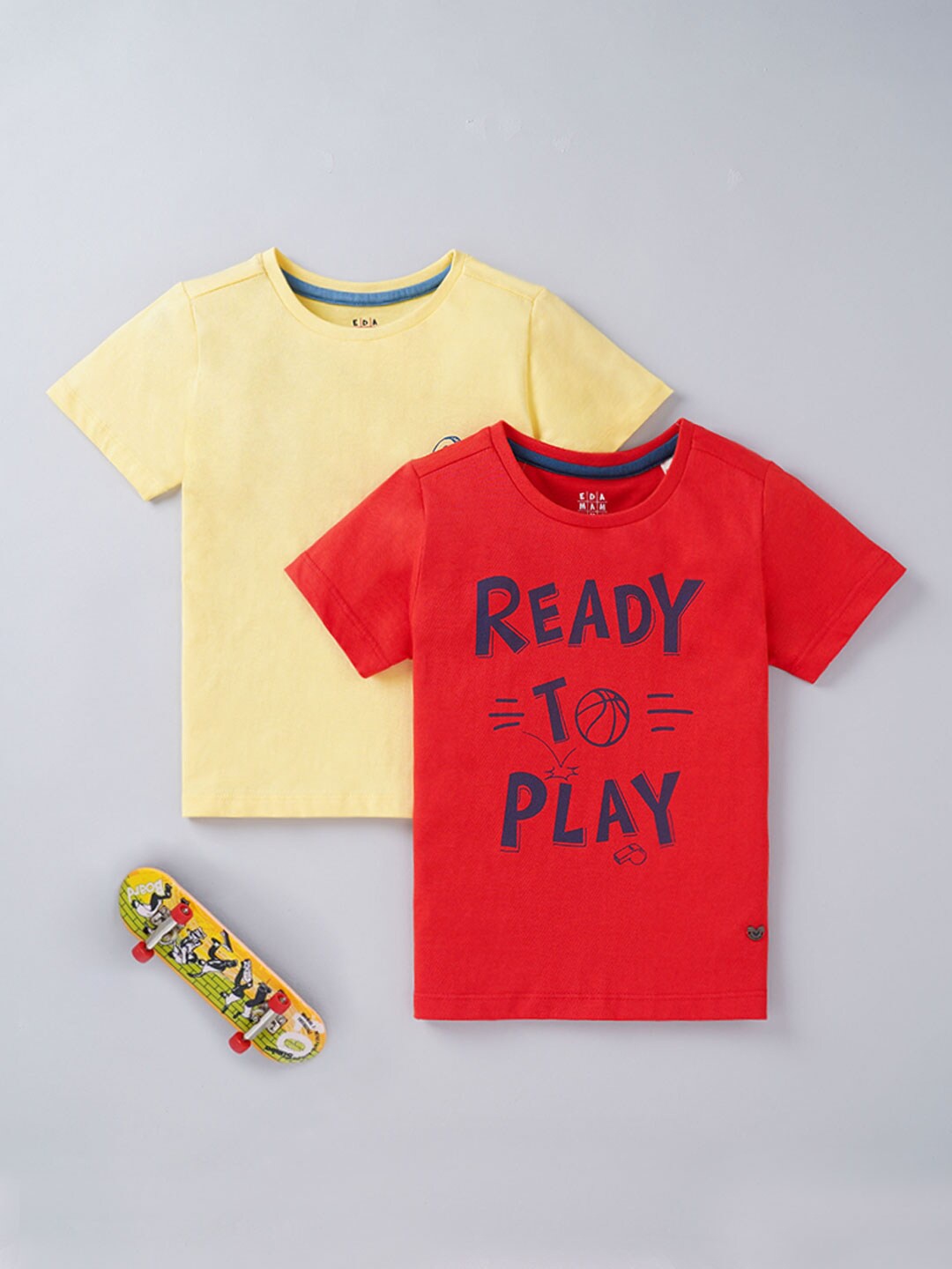 

Ed-a-Mamma Boys Yellow & Red Typography 2 Printed Applique T-shirt