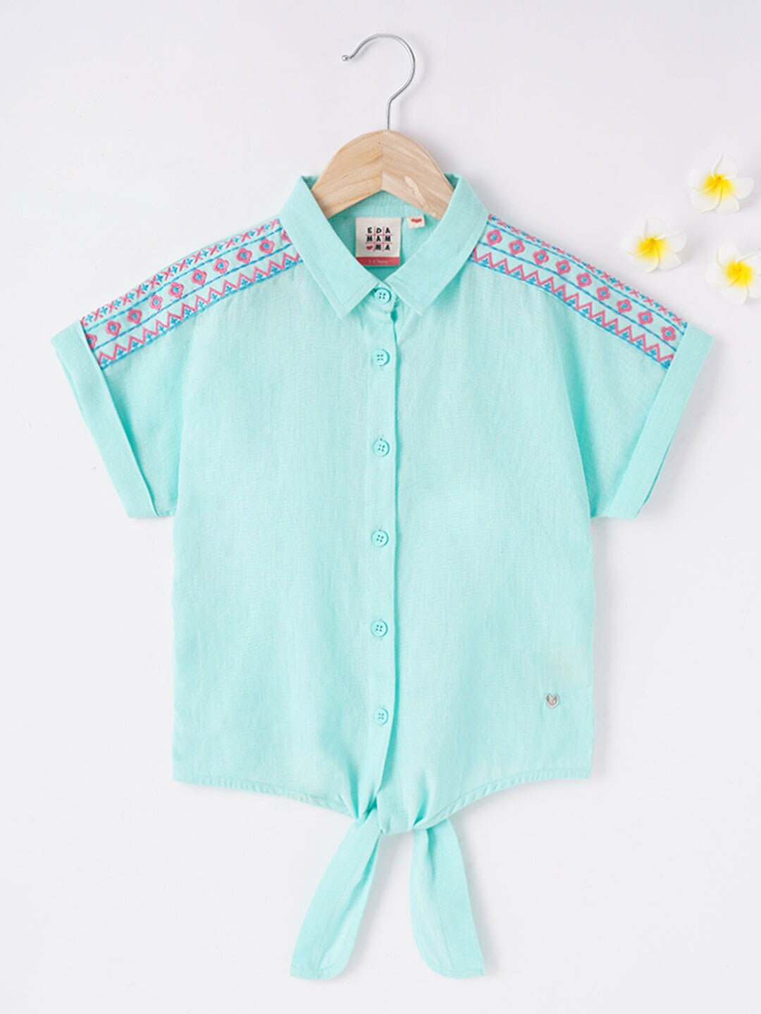 

Ed-a-Mamma Turquoise Blue & Pink Pure Cotton Shirt Style Top