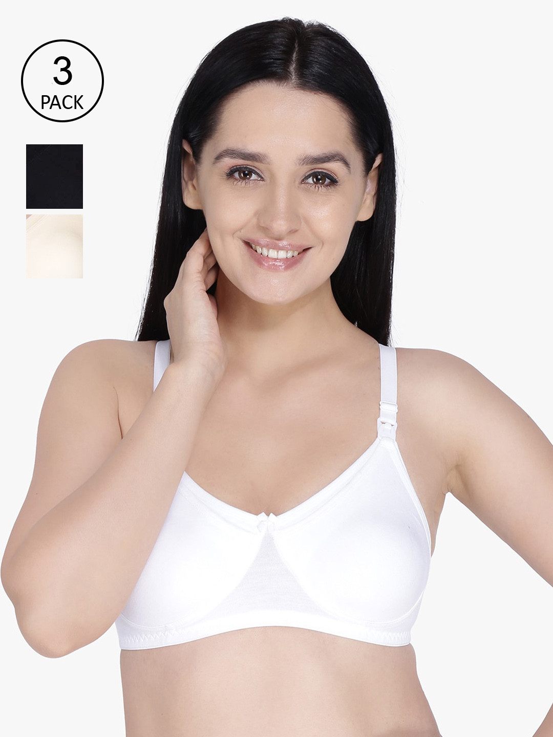 

Anoma Pack of 3 White & Black Maternity Nursing Cotton Bra - Non Padded Non-Wired
