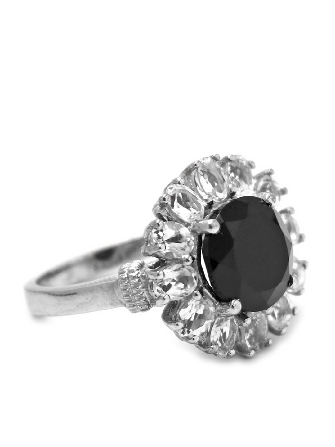 

HIFLYER JEWELS 925 Sterling Silver Rhodium-Plated & Black Stone-Studded Finger Ring