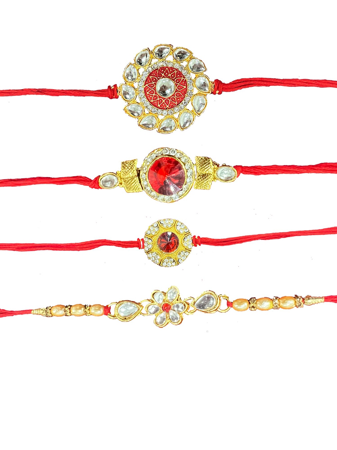 

Vembley Men Set Of 4 Gold-Toned & Red Kundan Studded Rakhi