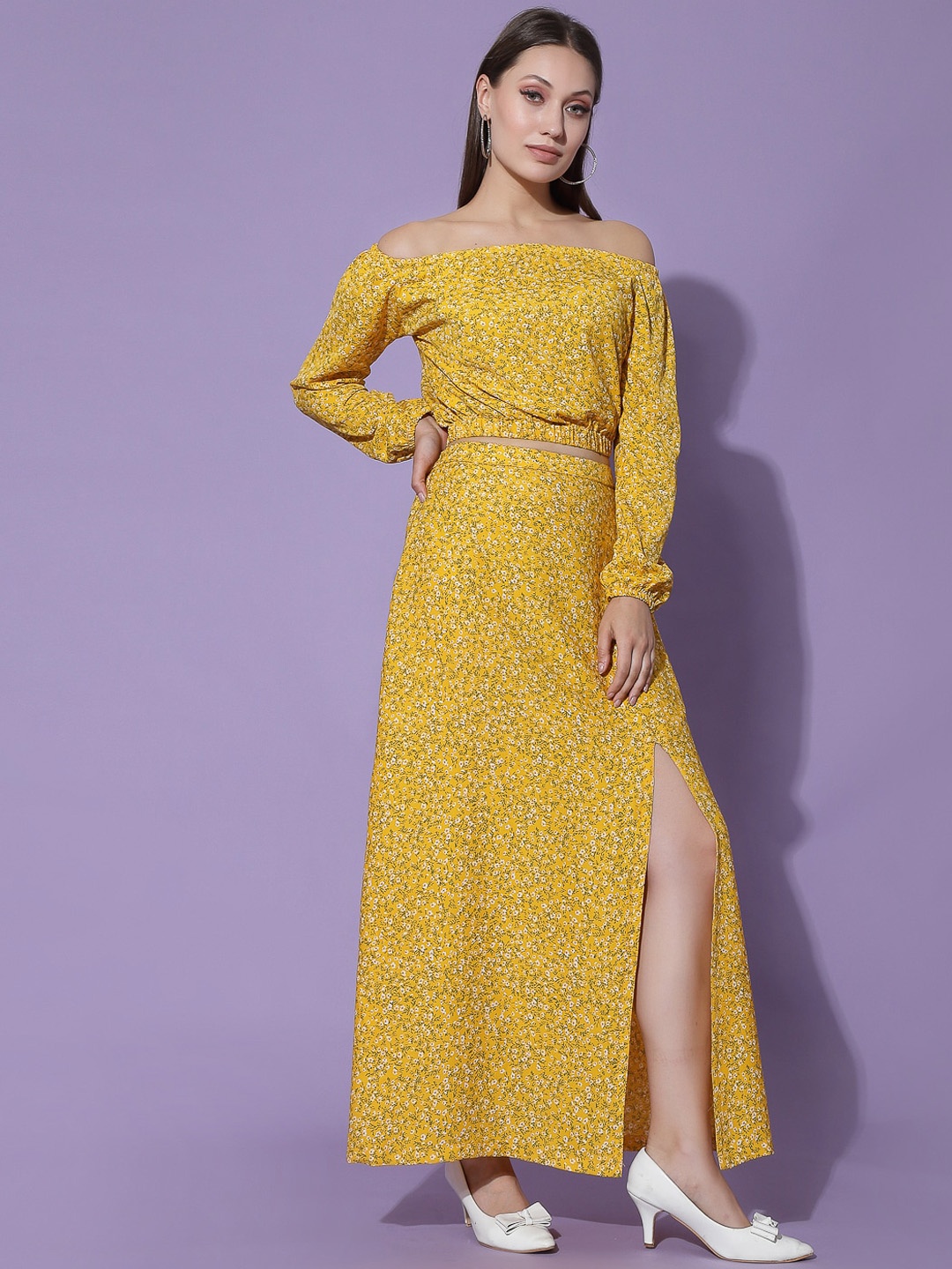 

Selvia Women Yellow Printed Cotton Blend Off Shoulder Co-Ords Set