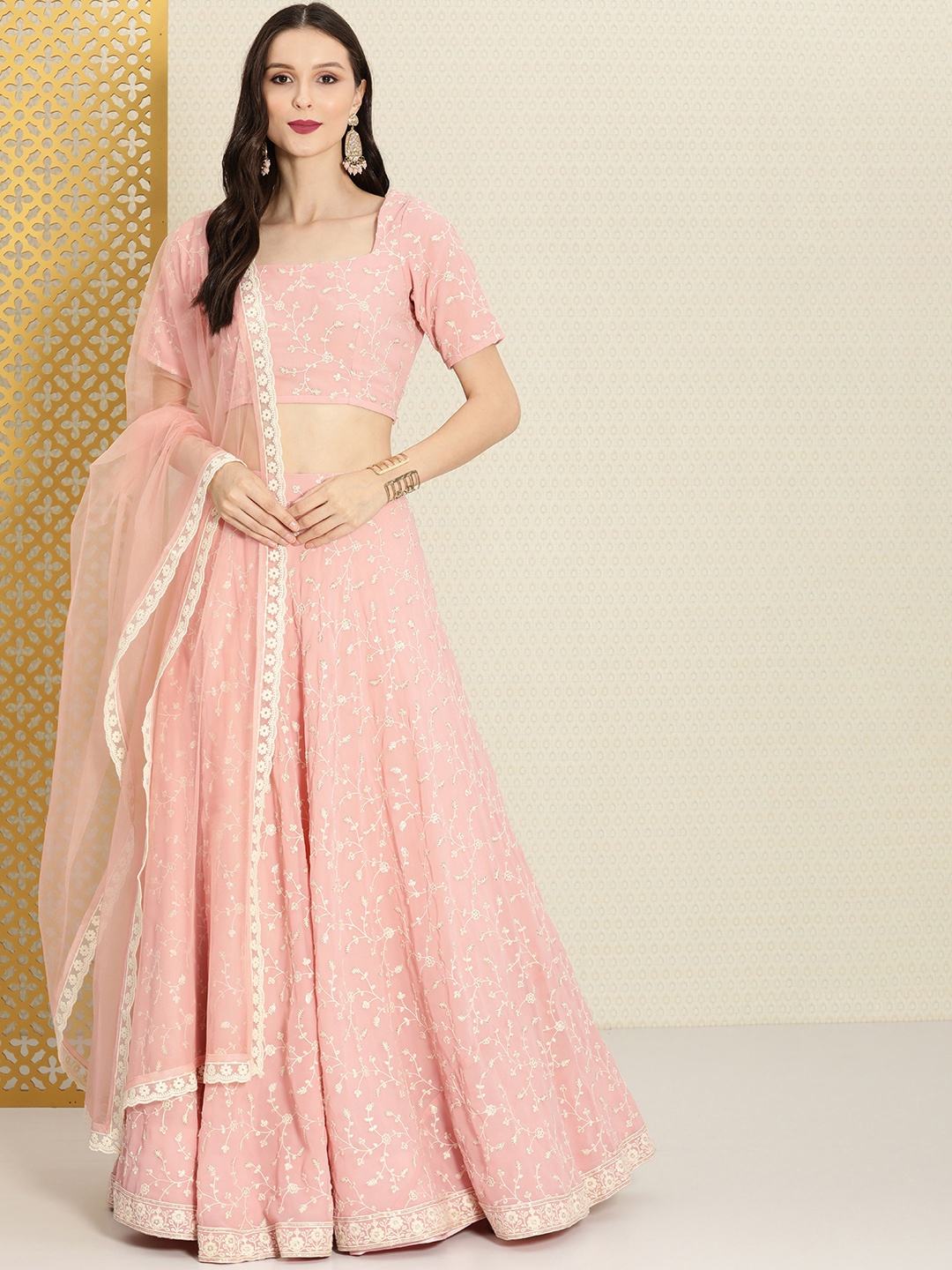 

House of Pataudi Pink Embroidered Semi-Stitched Lehenga & Unstitched Blouse With Dupatta