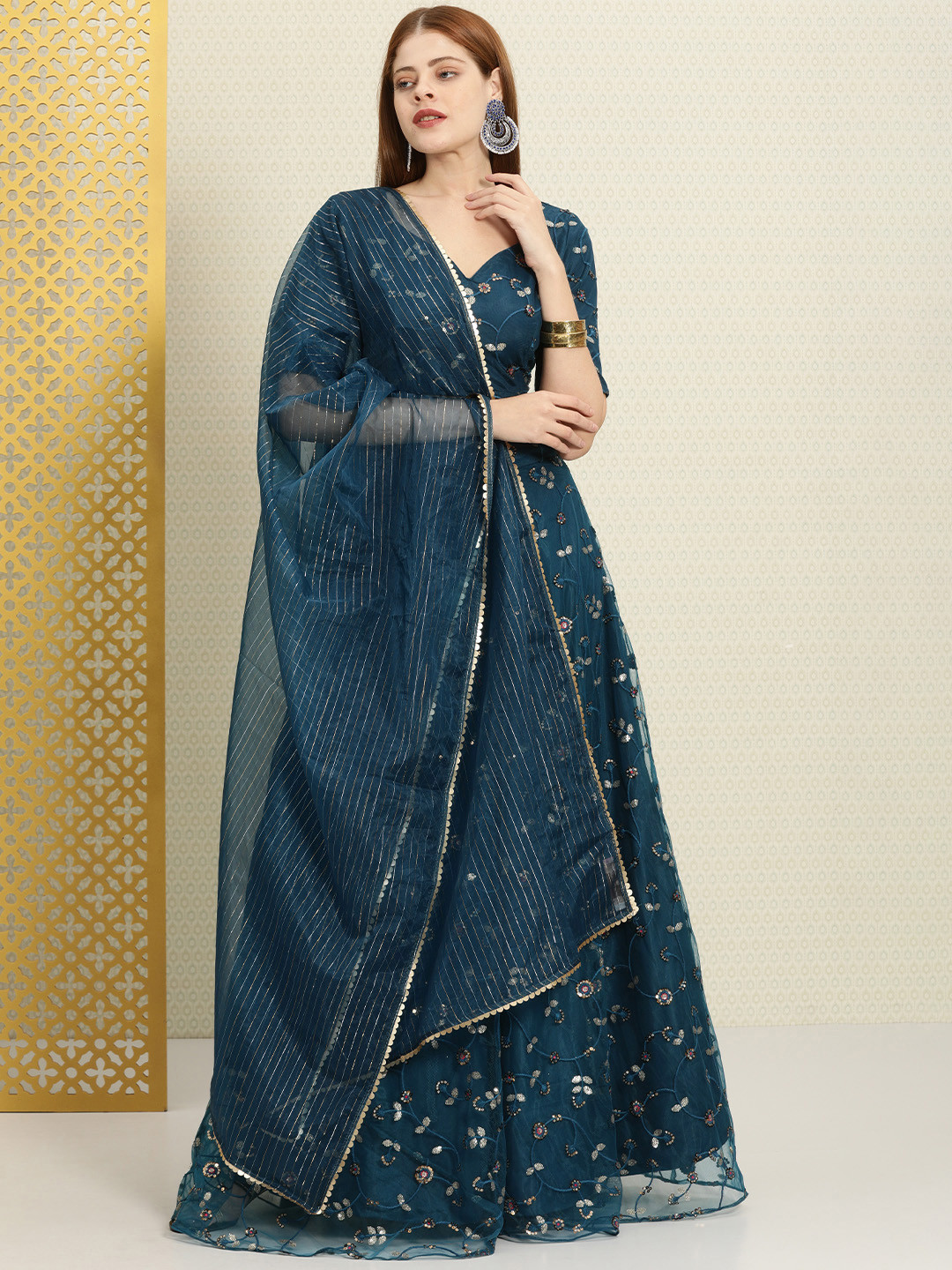

House of Pataudi Teal Embroidered Sequinned Semi-Stitched Lehenga & Unstitched Blouse With Dupatta