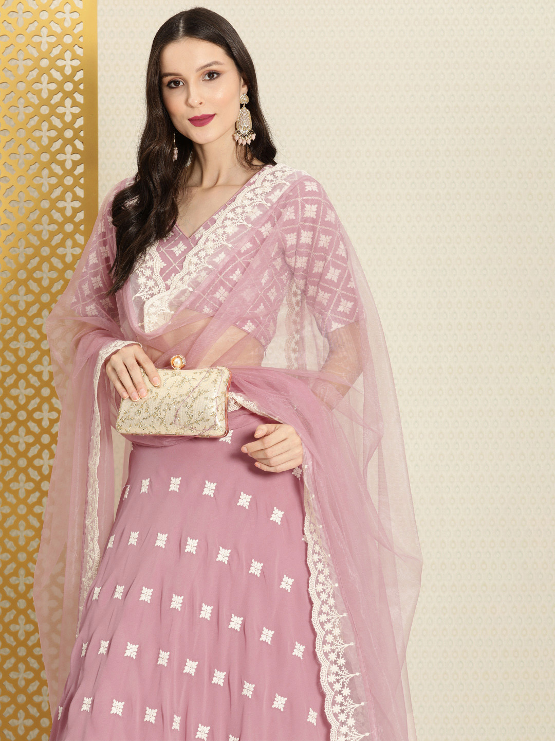 

House of Pataudi Pink Embroidered Semi-Stitched Lehenga & Unstitched Blouse With Dupatta