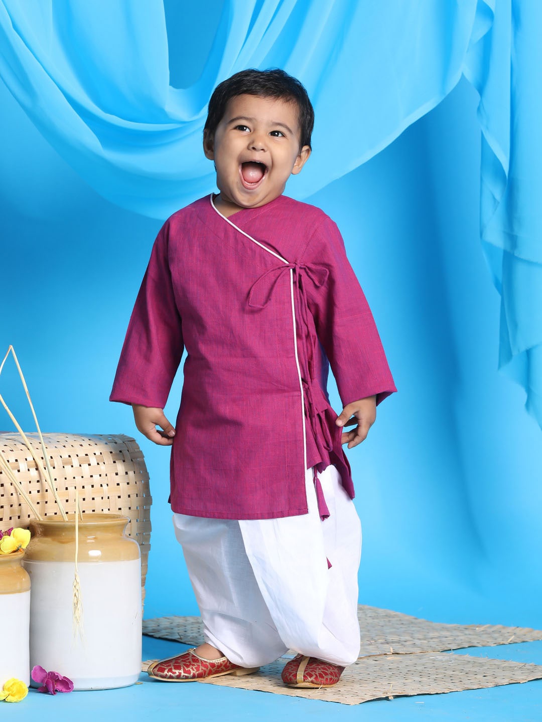 

VASTRAMAY Boys Magenta Angrakha Pure Cotton Kurti with Dhoti Pants