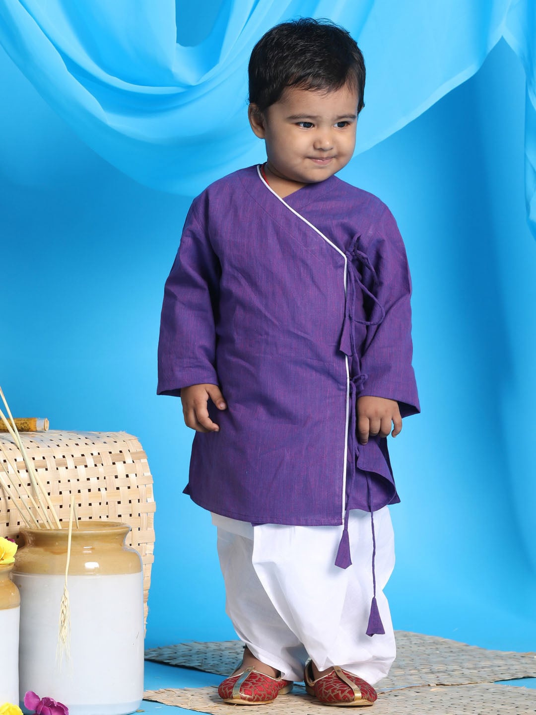 

VASTRAMAY Boys Purple Angrakha Pure Cotton Kurta with Dhoti Pants