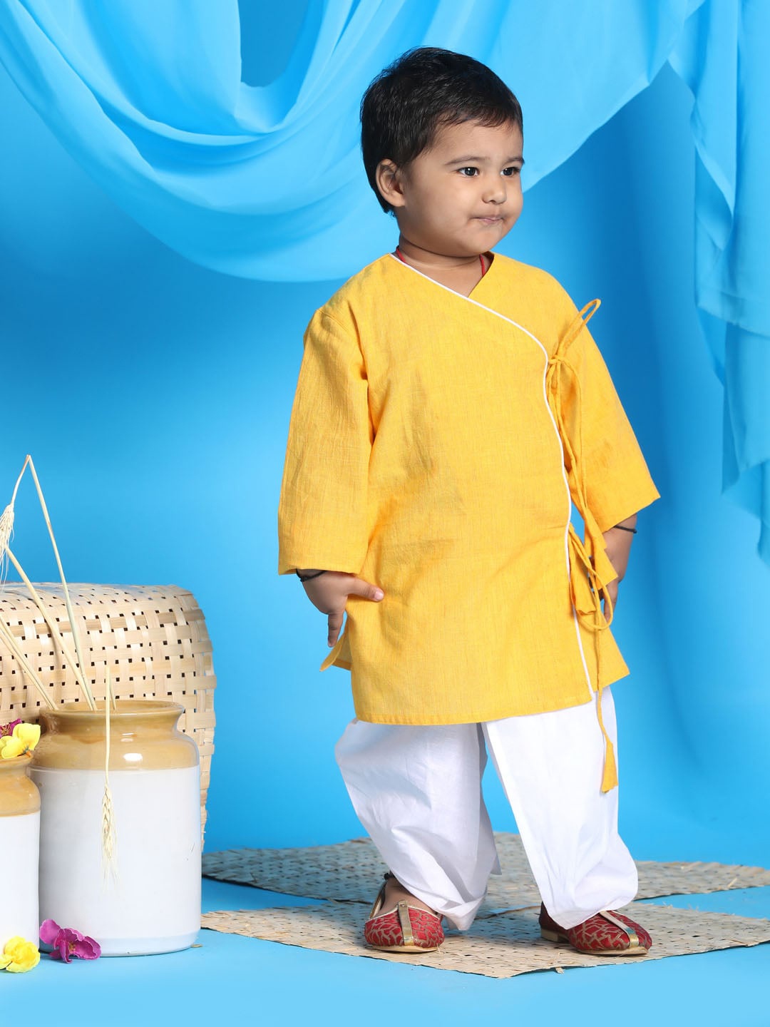 

VASTRAMAY Boys Mustard Yellow Angrakha Pure Cotton Kurta with Dhoti Pants