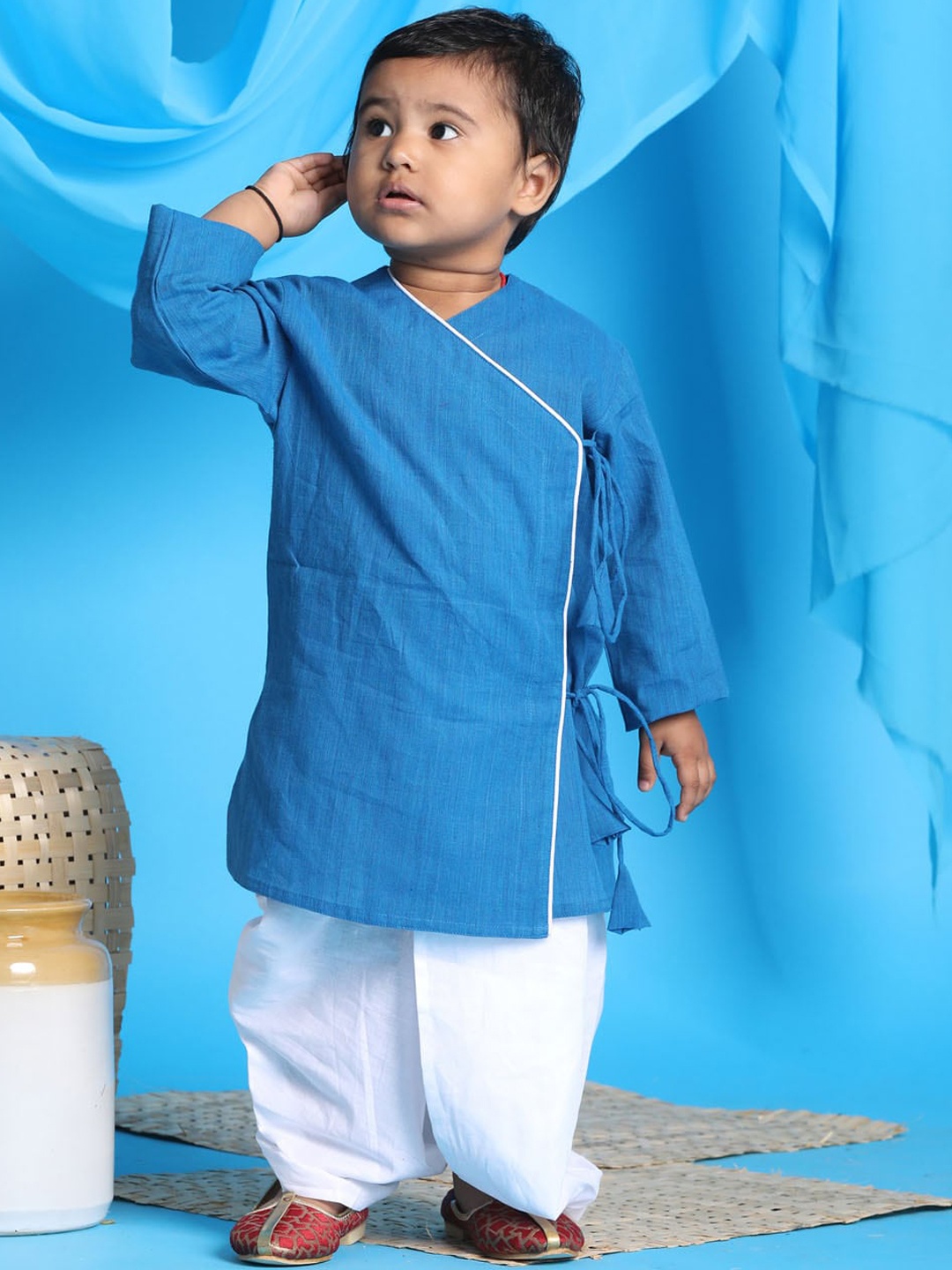 

VASTRAMAY Boys Blue Angrakha Pure Cotton Kurta with Dhoti Pants