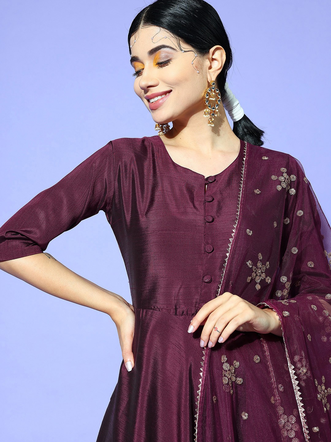 

Tikhi Imli Women Burgundy Kurta with Trousers & With Dupatta