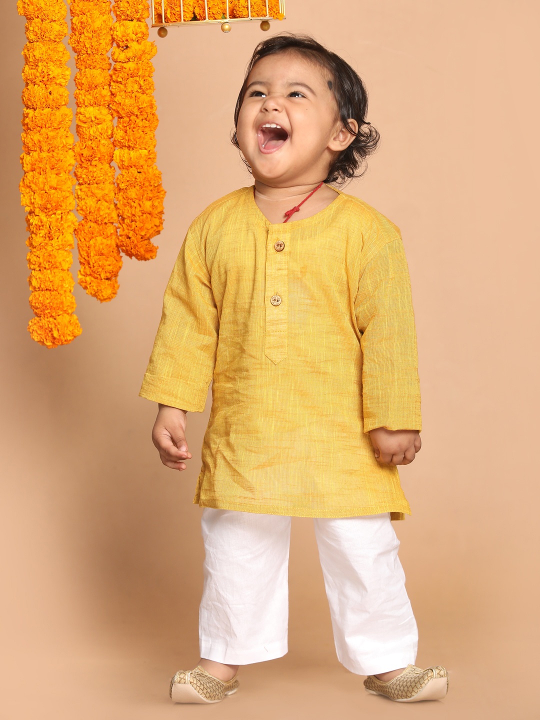 

VASTRAMAY Kids Boys Yellow and White Pure Cotton Kurta with Pyjama