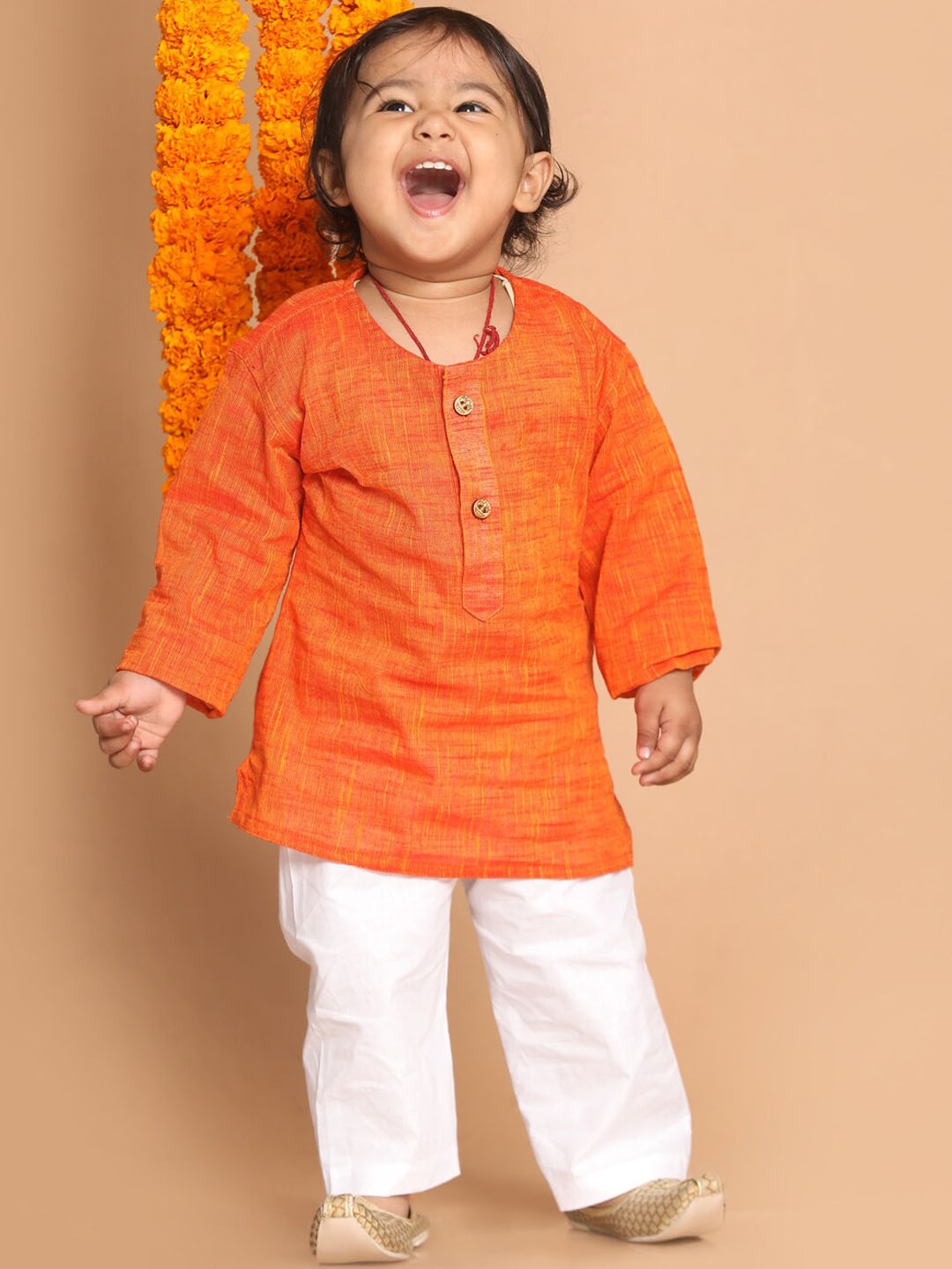 

VASTRAMAY Boys Orange Pure Cotton Kurta with Pyjamas