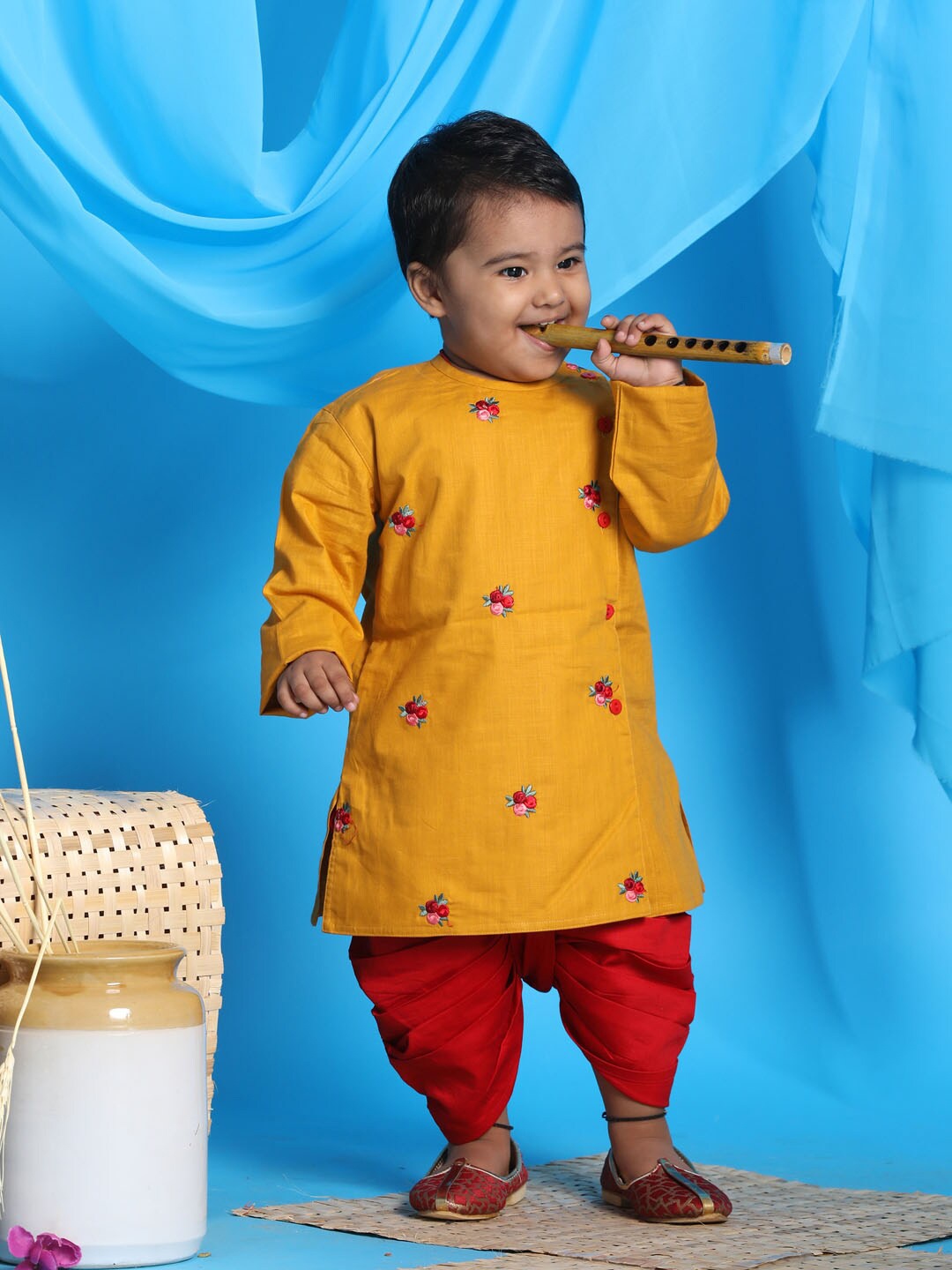 

VASTRAMAY Boys Mustard Yellow Embroidered Pure Cotton Kurta with Dhoti Pants
