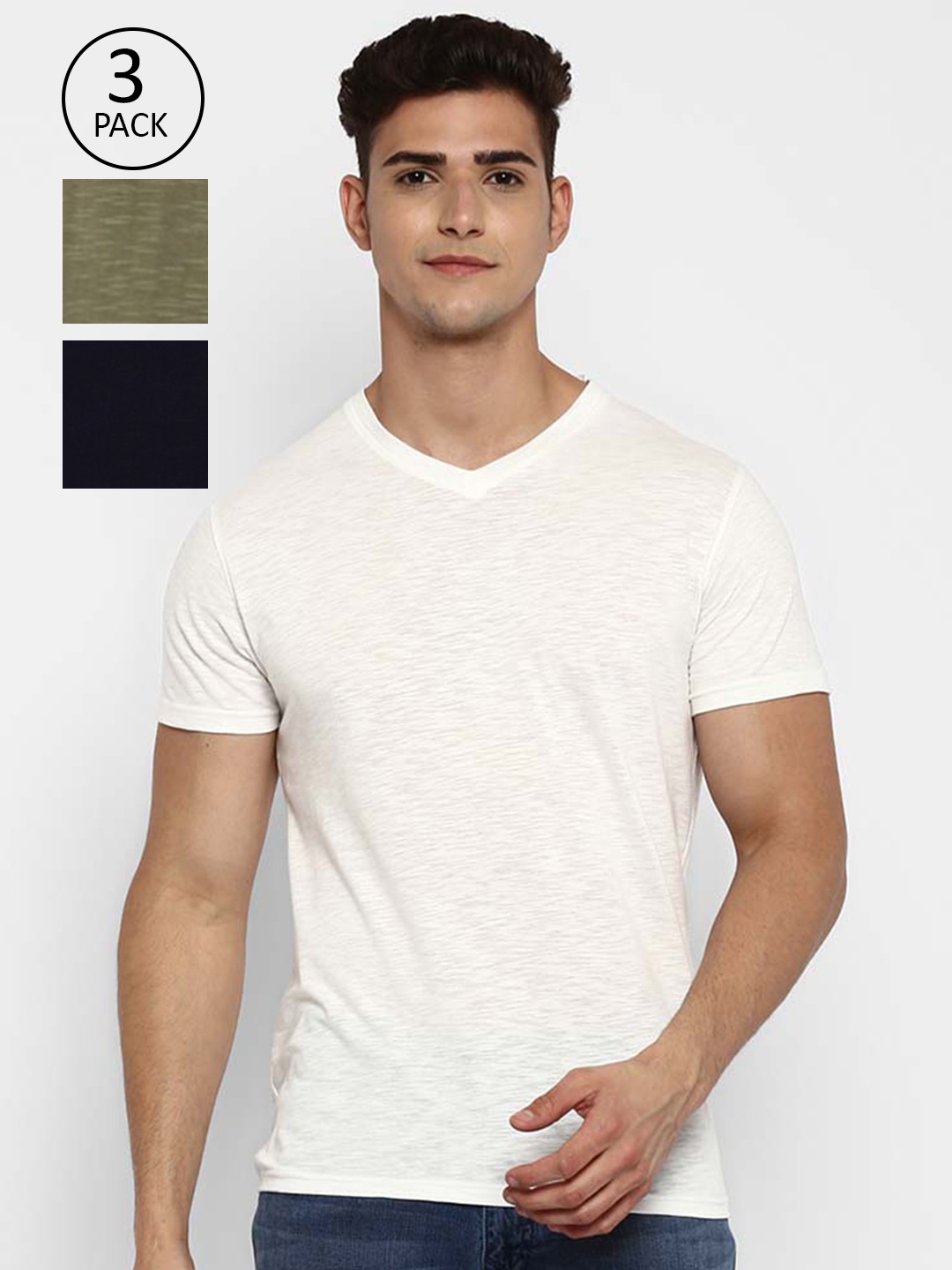 

American Crew Men Set Of 3 Navy Blue & Olive Green V-Neck Solid Cotton T-shirt