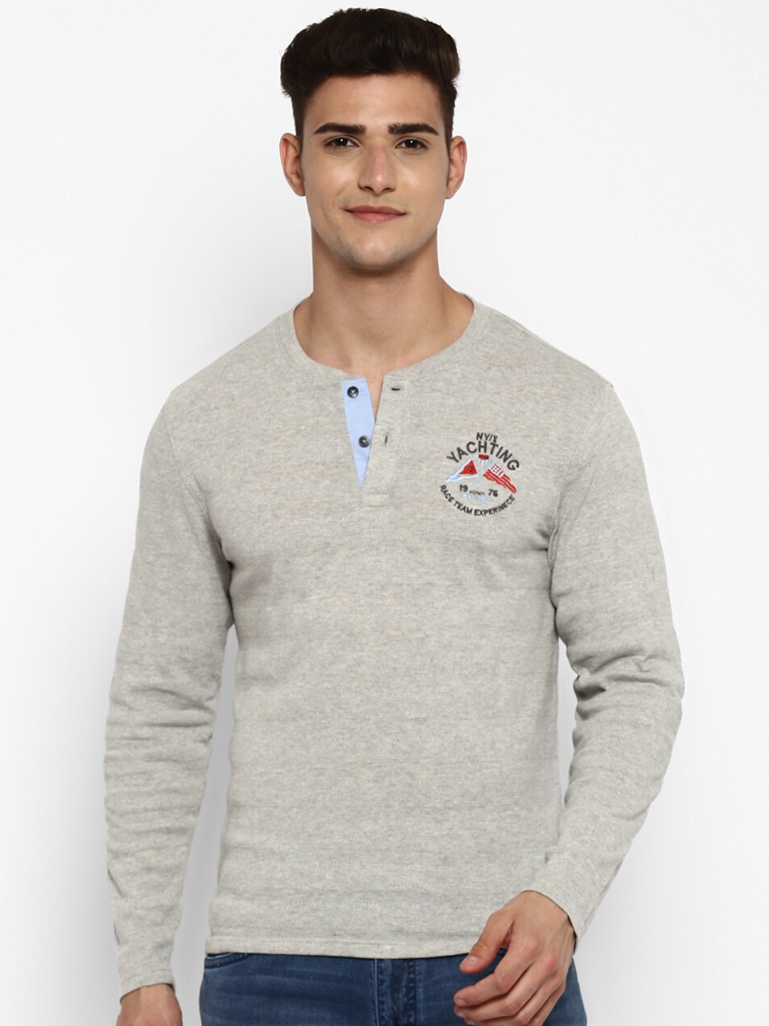 

American Crew Men Grey Henley Neck T-shirt