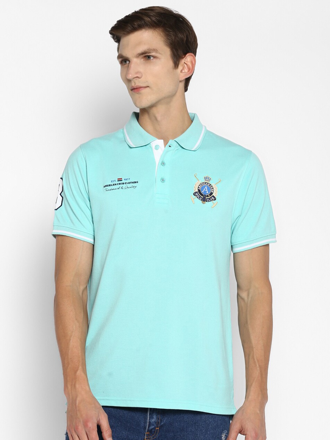 

American Crew Men Turquoise Blue & Black Typography Polo Collar T-shirt